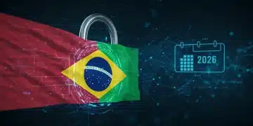 Cadeado digital com bandeira do Brasil, simbolizando a segurança e privacidade de dados no contexto das novas regulamentações de 2026.