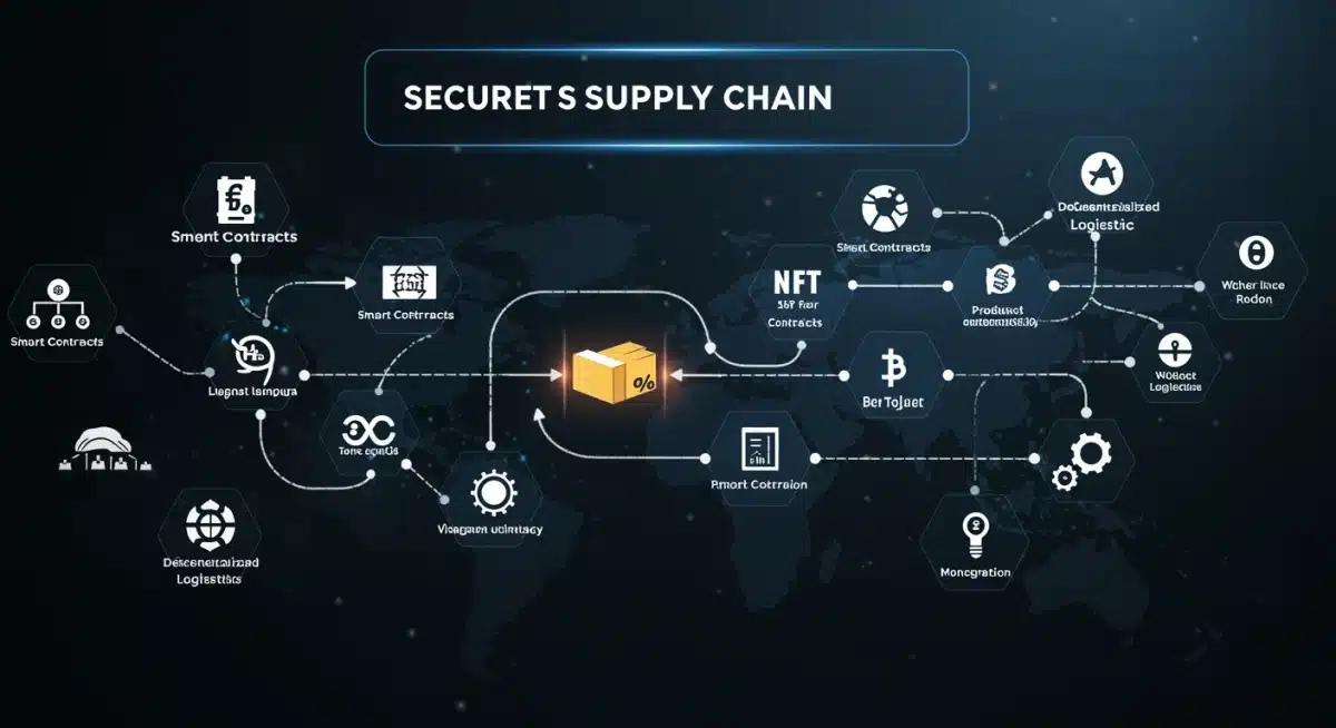 Ilustração digital de uma cadeia de suprimentos transparente e segura impulsionada por blockchain e contratos inteligentes.