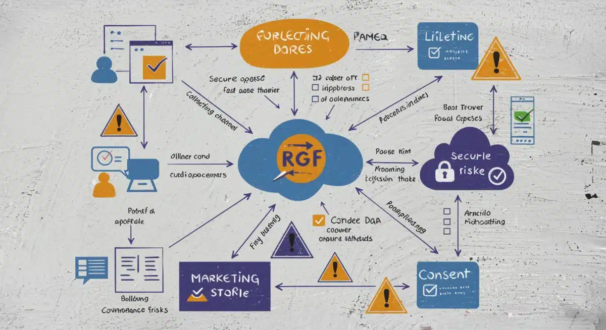 Fluxograma detalhado do ciclo de vida dos dados pessoais em campanhas de marketing, com pontos de controle de privacidade e consentimento.