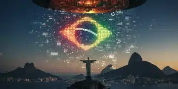 Representação futurista da computação quântica no Brasil, com qubits em cores da bandeira nacional e elementos de inovação tecnológica.