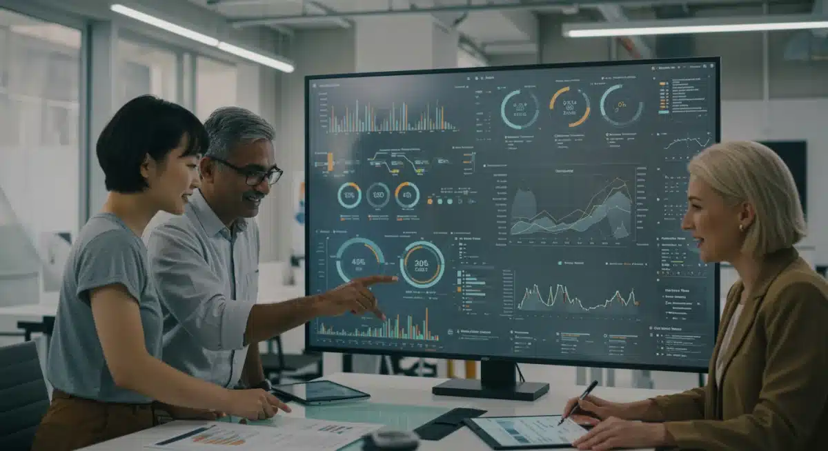 Equipe diversa colaborando em torno de uma tela interativa exibindo visualizações complexas de dados e análises de Big Data.