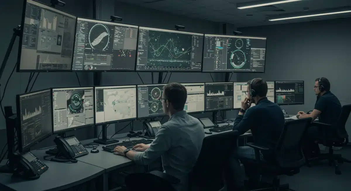 Equipe de analistas de cibersegurança trabalhando em um centro de operações de segurança, monitorando ameaças em tempo real e colaborando na proteção de dados para negócios.