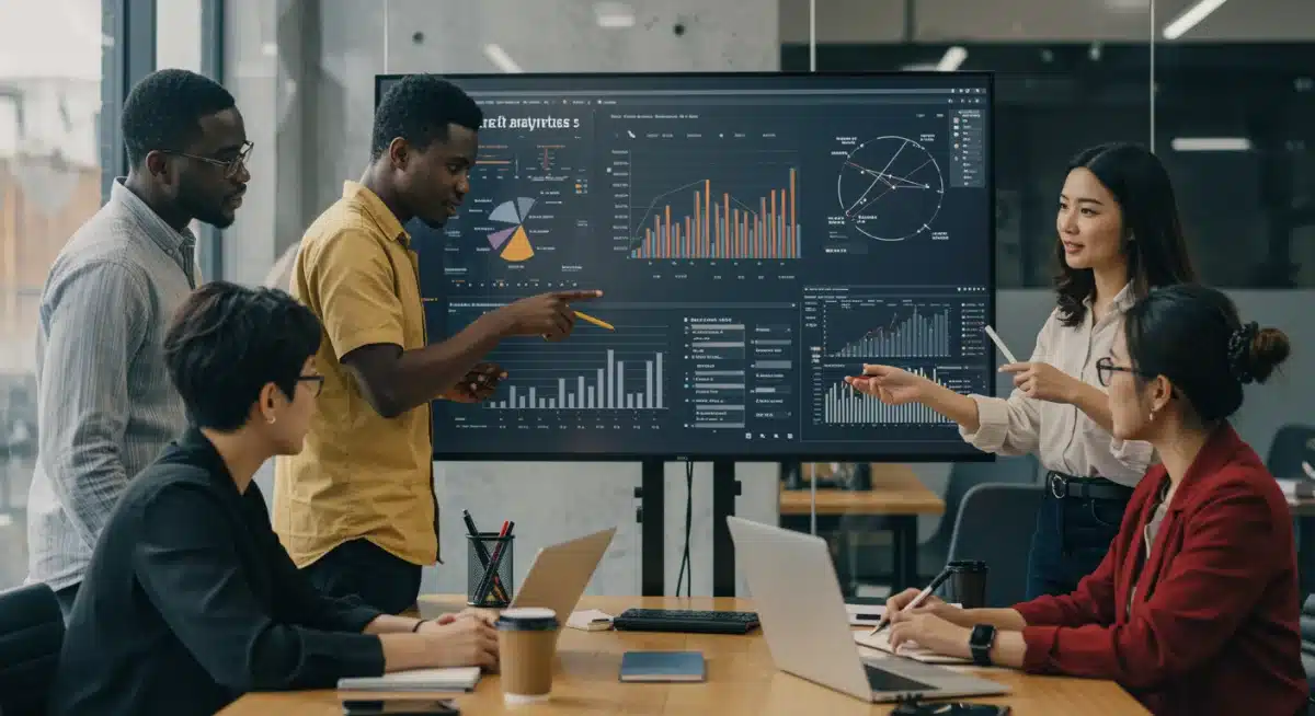 Equipe de marketing colaborando em estratégias de performance, analisando dados e otimizando campanhas.