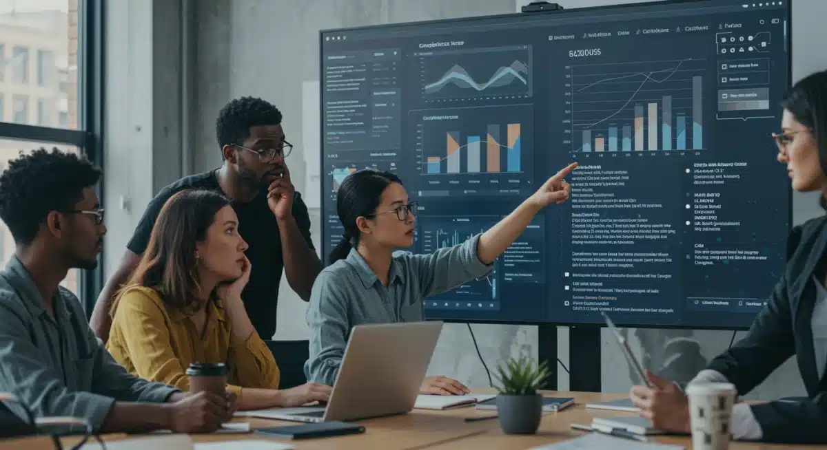 Profissionais de marketing discutindo regulamentações de privacidade de dados e conformidade em uma reunião de equipe.