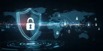 Um escudo digital futurista protegendo uma rede de negócios online, com fluxos de dados brilhantes e cadeados, simbolizando a segurança digital para negócios.