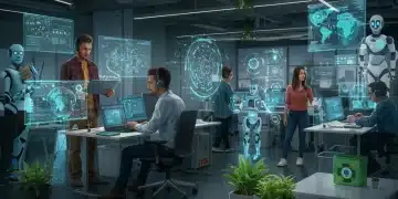 Profissionais brasileiros colaborando em um ambiente de trabalho futurista com tecnologia avançada e robótica, simbolizando o futuro do trabalho no Brasil.