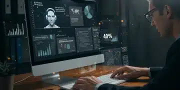 Interface de ferramentas de IA gerando conteúdo em português com métricas de produtividade.