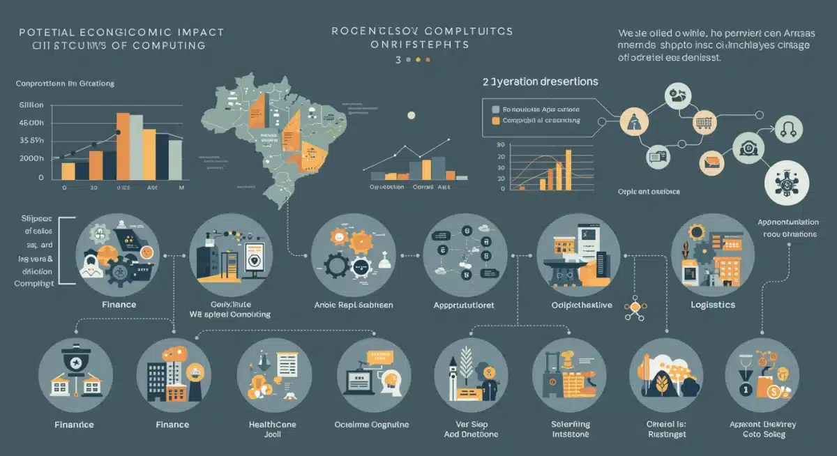 Infográfico detalhando o impacto econômico e as aplicações potenciais da computação quântica em setores-chave da economia brasileira.
