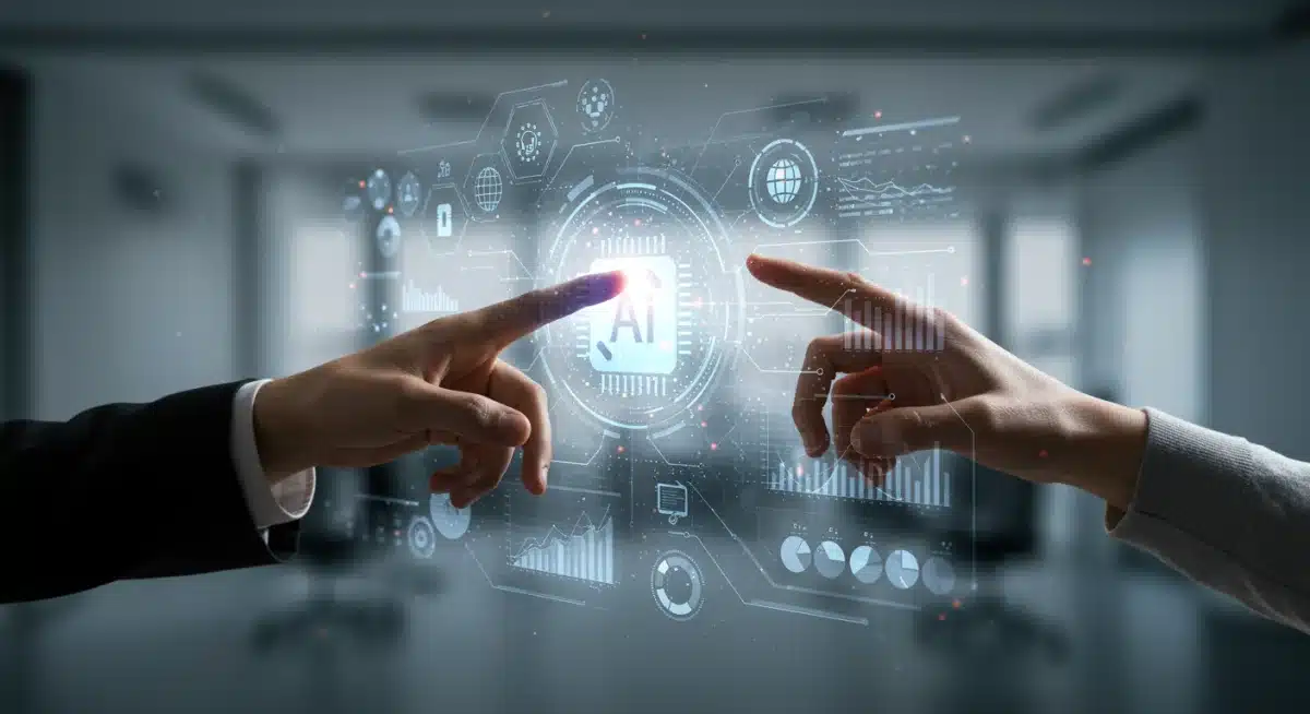 Mão humana interagindo com interface holográfica, representando a integração da inteligência artificial no trabalho.