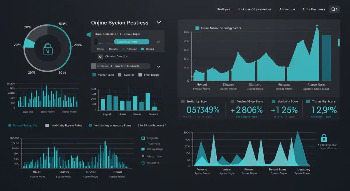 Painel de controle de cibersegurança mostrando métricas de detecção de ameaças, vulnerabilidades e tempos de resposta, ilustrando a proteção de dados para negócios online.