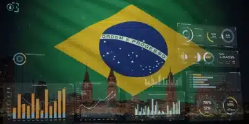 Painel de marketing digital de performance com gráficos de conversão e ROI, destacando o cenário brasileiro.