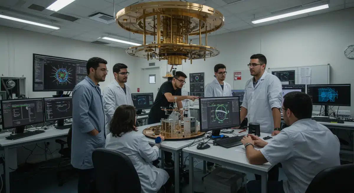 Cientistas brasileiros colaborando em um laboratório moderno, pesquisando e desenvolvendo soluções em computação quântica.