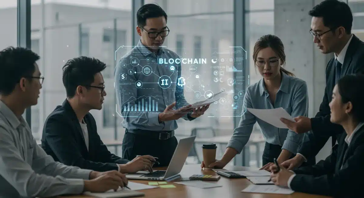 Profissionais de negócios discutindo aplicações de blockchain e Web3 em um ambiente colaborativo e moderno.