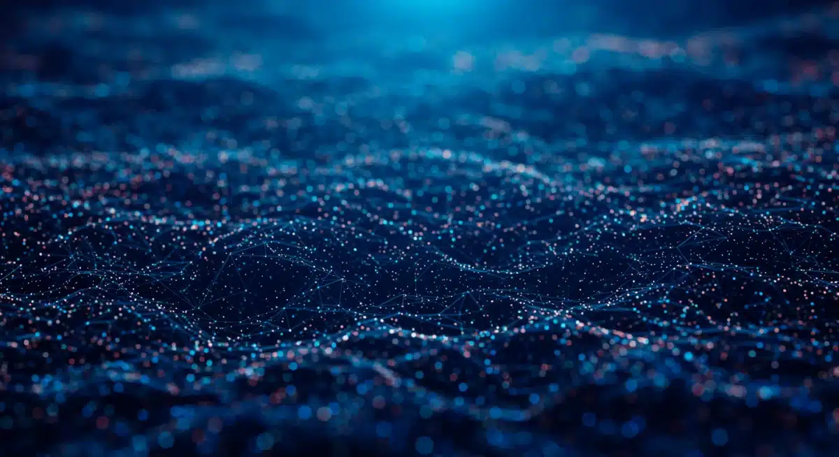 Rede intrincada de pontos de dados interconectados formando uma rede neural, ilustrando o poder do machine learning e IA no processamento de Big Data.