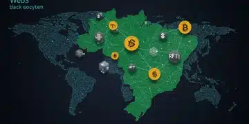 Representação visual da Web3 com elementos de blockchain e criptoativos sobre o mapa do Brasil, simbolizando inovação e oportunidades de mercado.