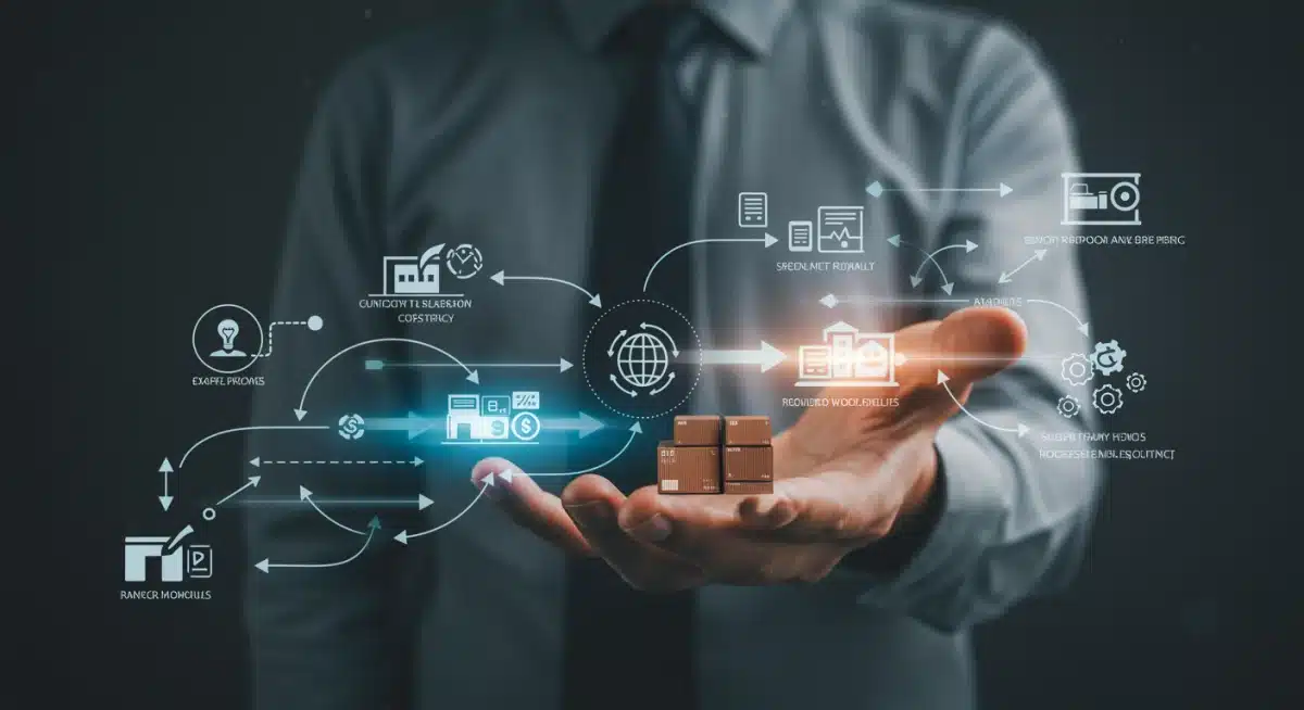 Representação visual de uma cadeia de suprimentos otimizada, com fluxos automatizados e menos gargalos, simbolizando eficiência e economia.