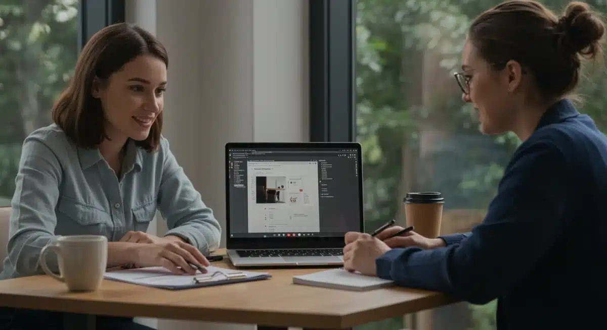 Gerente de marca e influenciador digital colaborando em videoconferência para uma campanha.