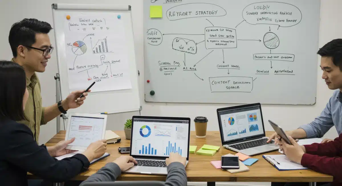 Equipe de marketing digital colaborando na pesquisa de palavras-chave e estratégia de conteúdo.