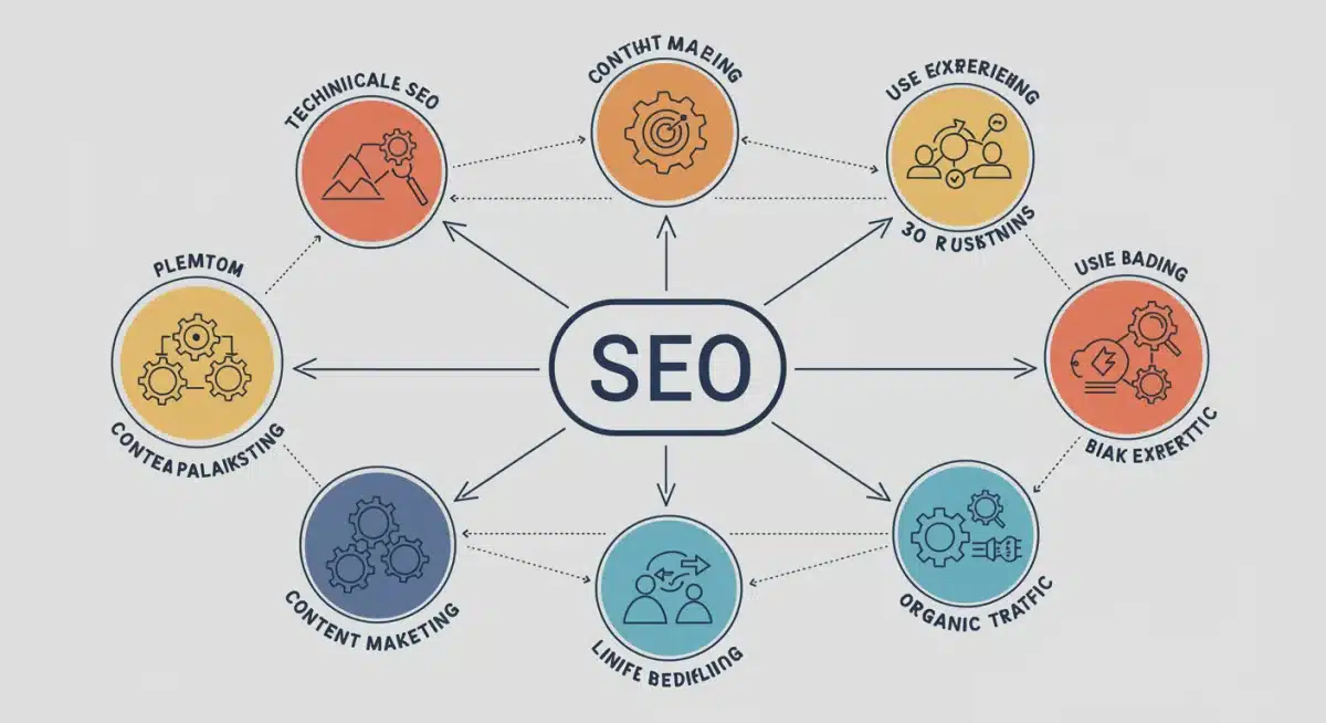 Infográfico visualizando elementos interconectados de SEO técnico, conteúdo e link building.