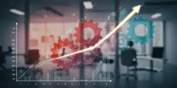 Engrenagens e gráficos financeiros simbolizando inovação de processos e redução de custos operacionais para empresas brasileiras.