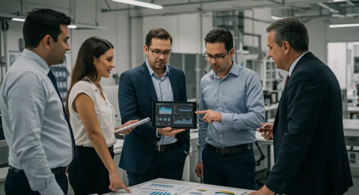 Equipe de negócios analisando dados em tempo real para otimizar operações com Edge Computing.