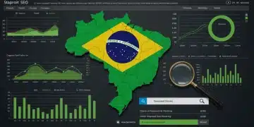 Painel de controle de SEO com gráficos de tráfego orgânico e mapa do Brasil, simbolizando crescimento.