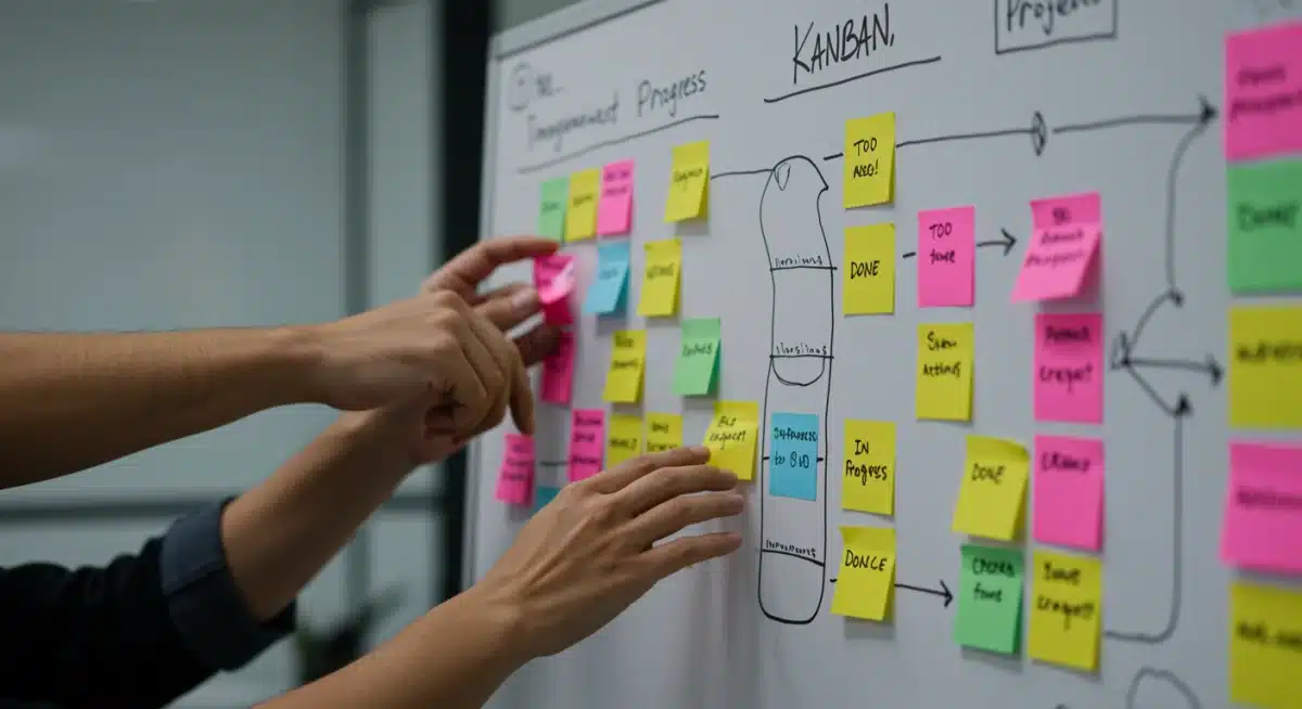 Quadro Kanban visualizando o fluxo de trabalho de um projeto, com tarefas em diferentes estágios de progresso, demonstrando a metodologia ágil.
