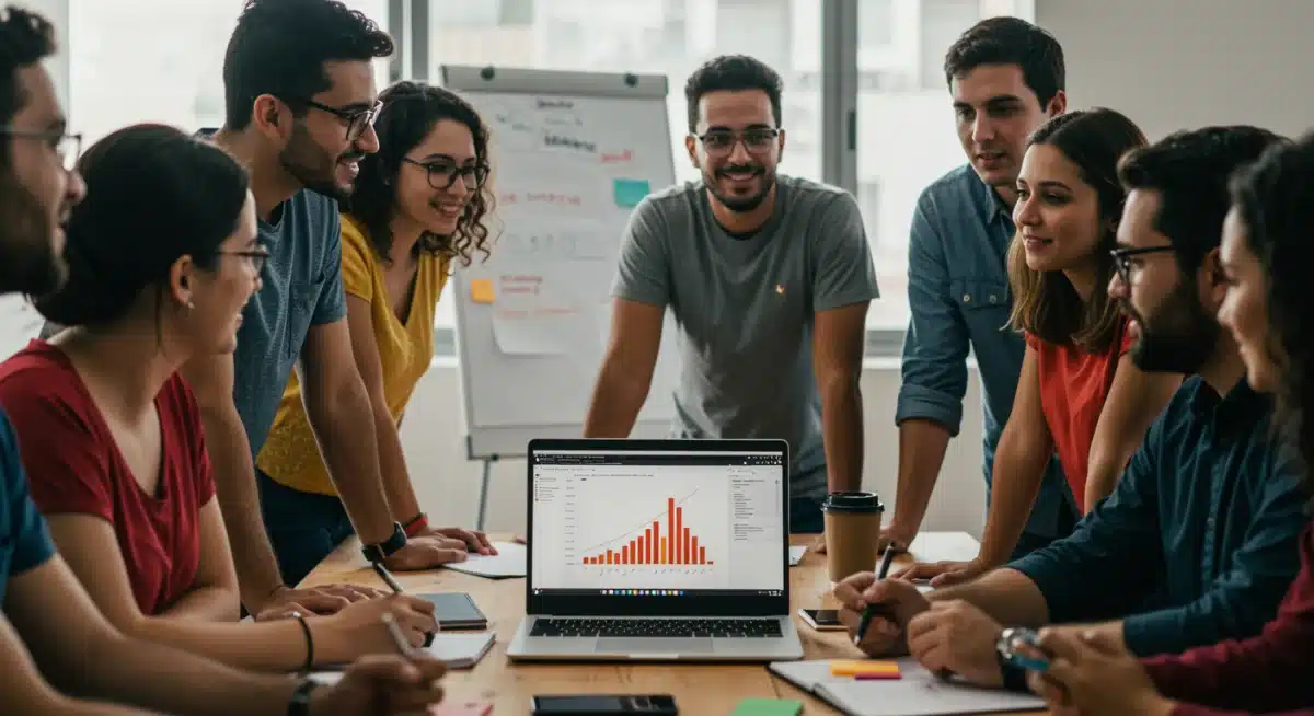 Equipe brasileira em uma reunião diária de Scrum, discutindo o progresso e os desafios do projeto, reforçando a comunicação e a agilidade.