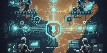 Robôs e inteligência artificial otimizando processos de negócios no Brasil, com gráficos de redução de custos.