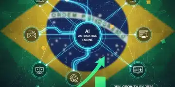 Painel de automação de marketing digital com gráficos de crescimento e elementos visuais do Brasil.