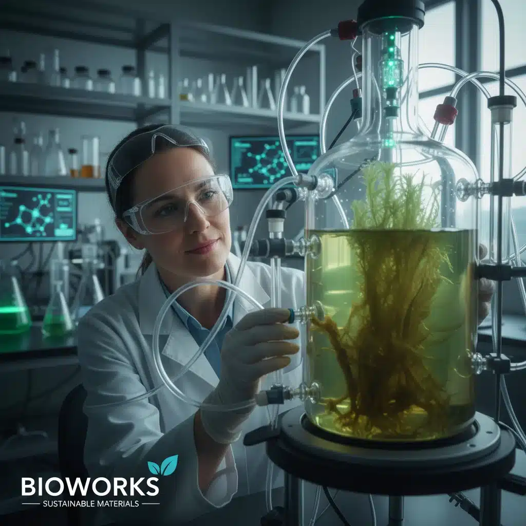 Cientista em laboratório examinando biorreator, representando pesquisa e desenvolvimento em biomateriais e biotecnologia para a indústria sustentável.