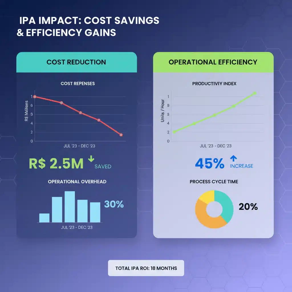 Dashboard de resultados com KPIs de economia de custos e eficiência operacional após implementação de IPA.