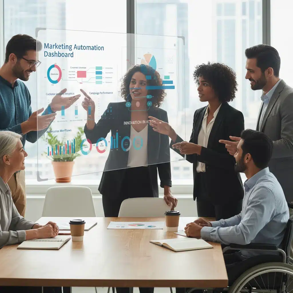 Equipe de marketing colaborando em estratégias de automação e análise de dados.