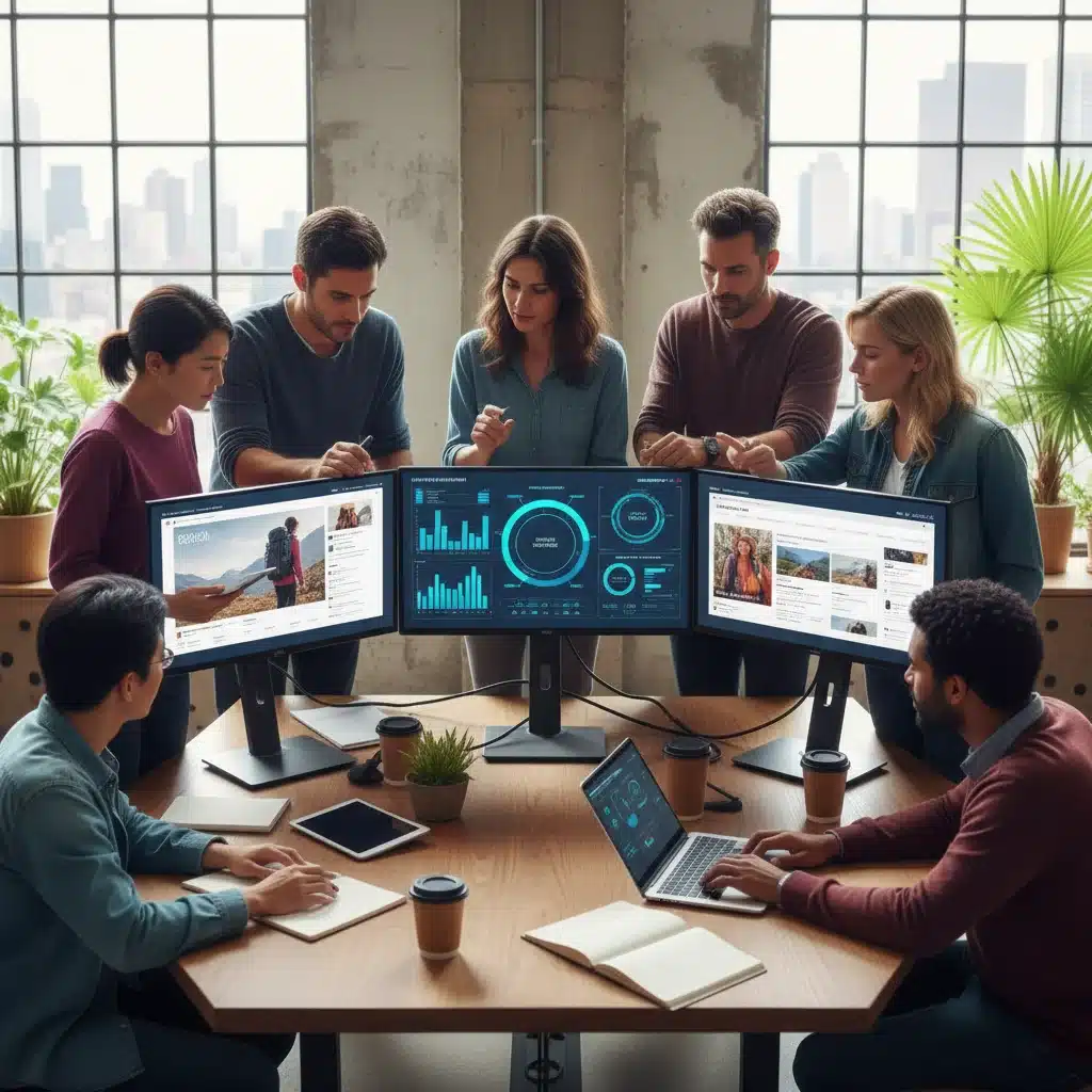 Equipe de marketing colaborando e analisando dados de performance de conteúdo com o auxílio de ferramentas de inteligência artificial.
