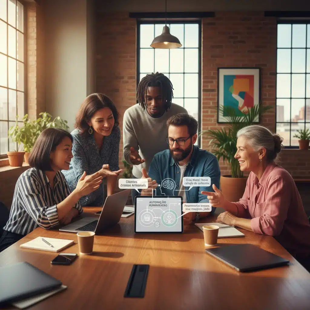 Pequenos empresários brasileiros discutindo estratégias de marketing digital e personalização de comunicação.