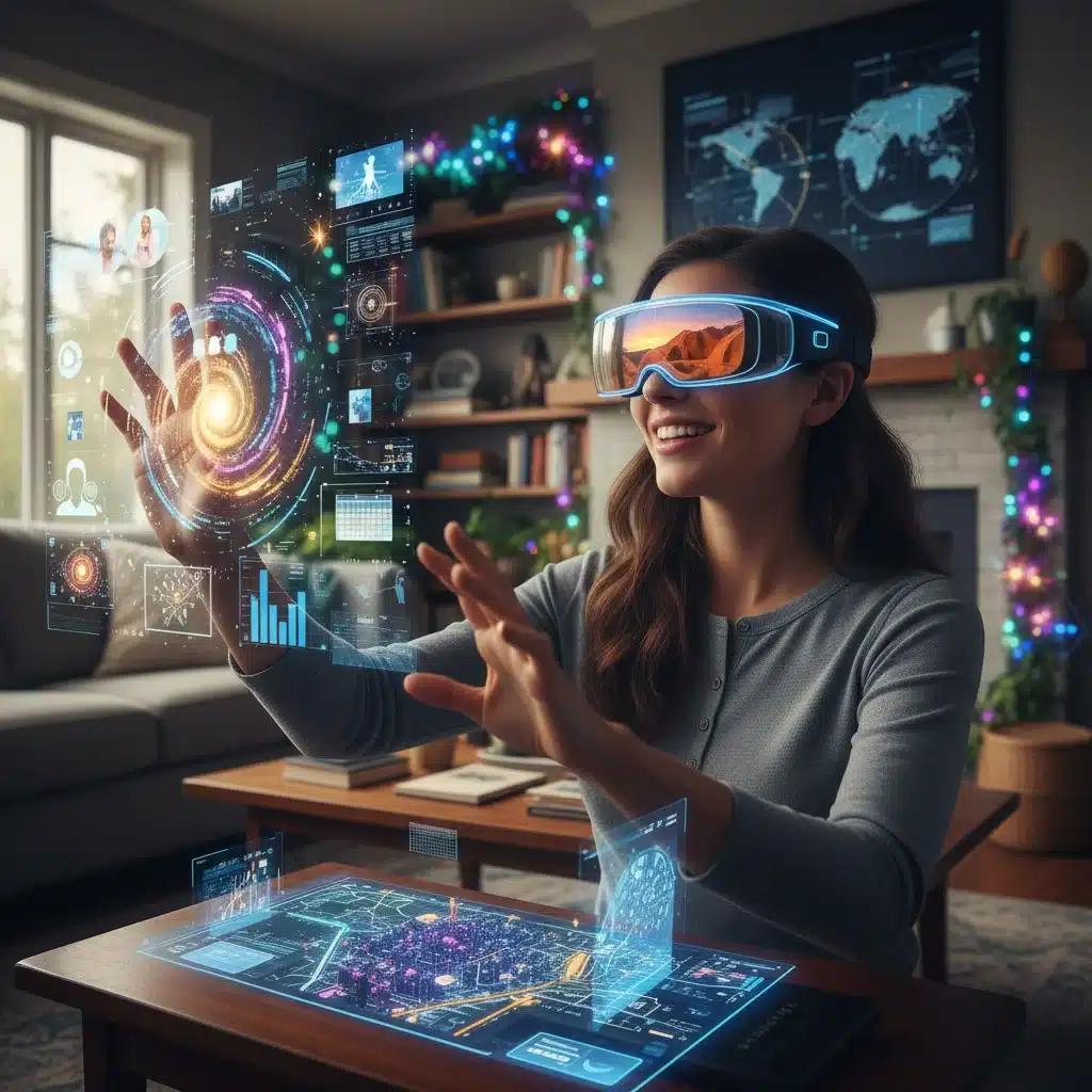 Usuário interagindo com conteúdo imersivo através de óculos de realidade virtual, simbolizando a personalização e a experiência do usuário.