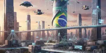 Paisagem urbana futurista com redes 5G conectando edifícios e dispositivos no Brasil, simbolizando a inovação e a transformação digital.
