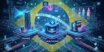 Inteligência Artificial Generativa impulsionando a inovação em diversos setores do mercado brasileiro até 2026, com gráficos de crescimento e elementos futuristas.