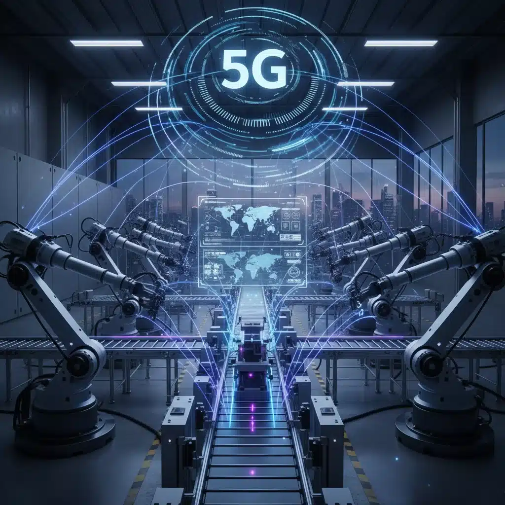 Robôs industriais em uma linha de produção conectados por 5G, representando a Indústria 4.0 e a manufatura inteligente.
