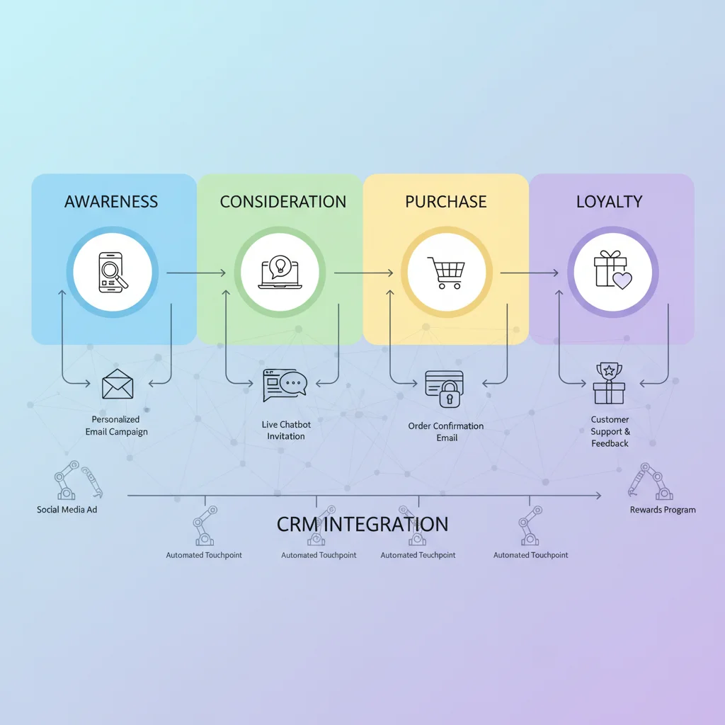 Jornada do cliente automatizada com pontos de contato personalizados e ferramentas de marketing digital.