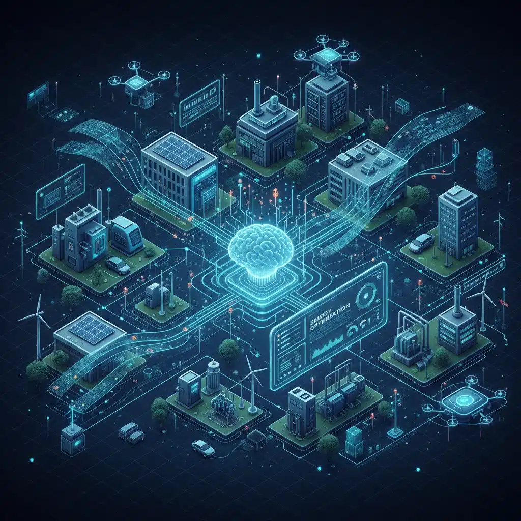 Diagrama de uma rede elétrica inteligente (smart grid) com sensores e fluxo de dados, representando a otimização energética em empresas.