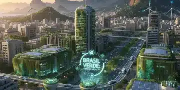 Paisagem urbana brasileira com tecnologias verdes, painéis solares, turbinas eólicas e veículos elétricos, simbolizando um futuro sustentável para empresas até 2026.