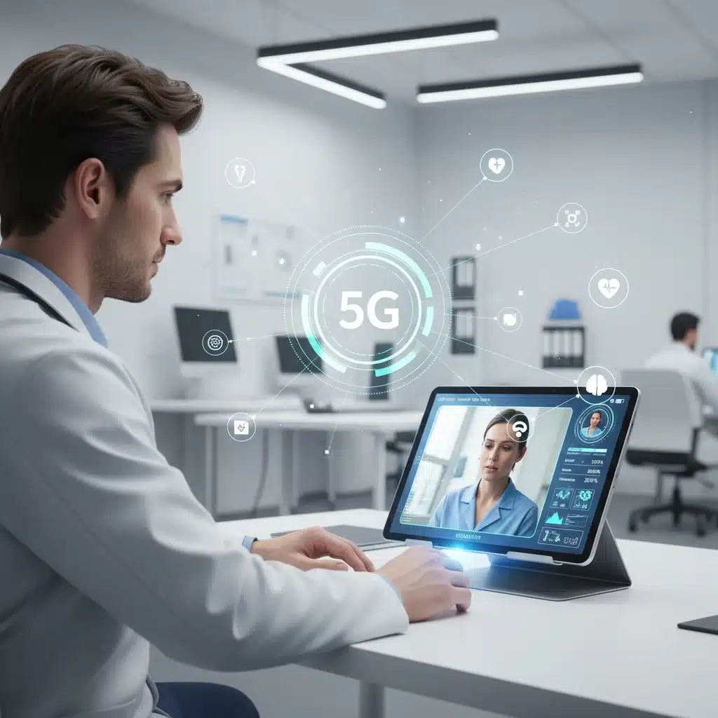 Médico realizando teleconsulta com paciente via 5G, mostrando a evolução da telemedicina e saúde digital.