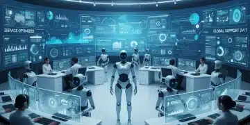 Visão futurista de um centro de atendimento ao cliente com automação e inteligência artificial