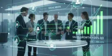 Interface digital futurista com ferramentas de automação de marketing interconectadas e gráficos de crescimento de vendas.