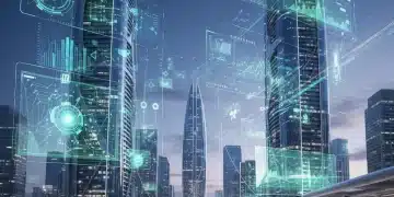 Paisagem urbana futurista de São Paulo com hologramas de dados e profissionais de negócios, simbolizando inteligência de dados e decisões estratégicas no Brasil.