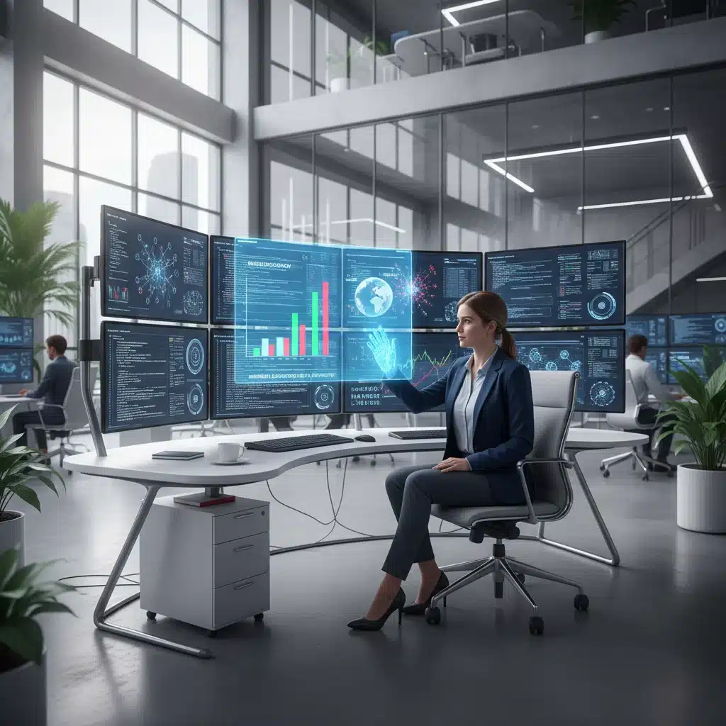 Cientista de dados analisando modelos complexos e gráficos em um ambiente de trabalho moderno, com foco em analytics preditivo e machine learning.
