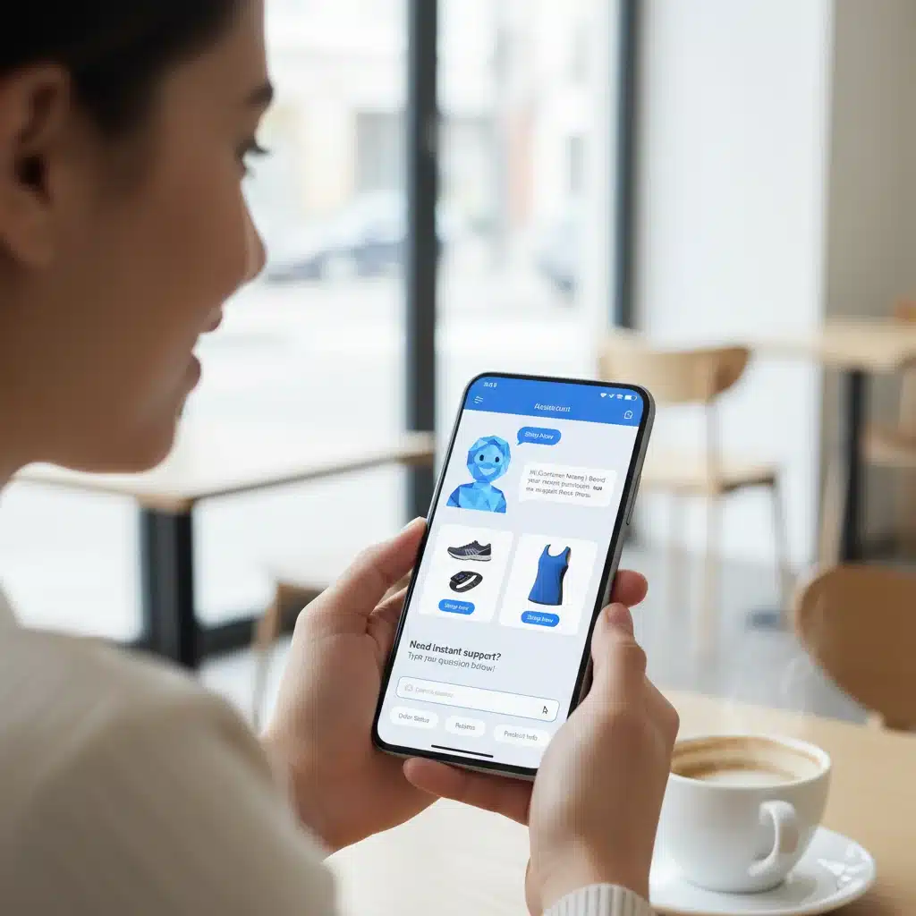 Cliente interagindo com chatbot de IA, recebendo suporte personalizado e recomendações.