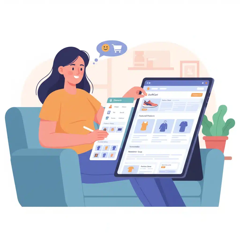Pessoa construindo loja virtual com sistema de arrastar e soltar em tablet, destacando a facilidade de uso.