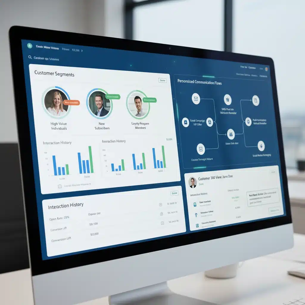 Painel de CRM exibindo segmentos de clientes e fluxos de comunicação personalizada.